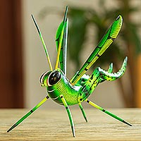 Featured review for Wood alebrije sculpture, Green Good Luck Cricket