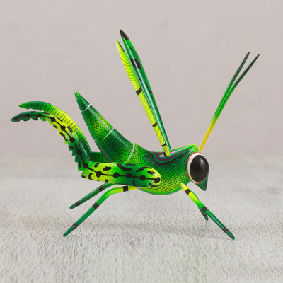 Wood alebrije sculpture, 'Green Good Luck Cricket' - Wood Alebrije Cricket Sculpture in Green from Mexico