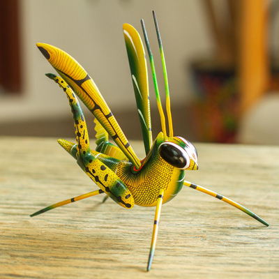 Wood alebrije sculpture, 'Yellow Good Luck Cricket' - Wood Alebrije Cricket Sculpture in Yellow from Mexico