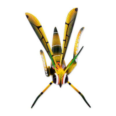 Escultura de alebrije de madera, 'Yellow Good Luck Cricket' - Escultura de grillo de Alebrije de madera en amarillo de México