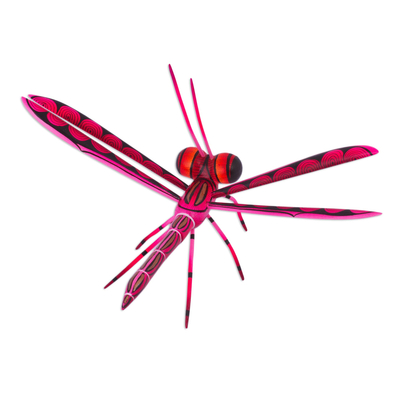 Wood alebrije sculpture, 'Sweet Freedom in Pink' - Handcrafted Pink Copal Wood Dragonfly Sculpture from Mexico