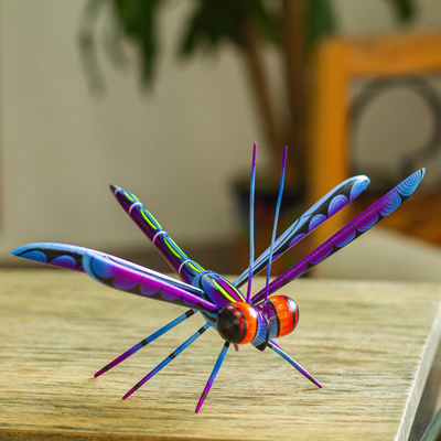 Wood alebrije sculpture, 'Sweet Freedom in Blue' - Handcrafted Blue Copal Wood Dragonfly Sculpture from Mexico