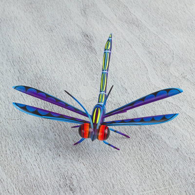 Wood alebrije sculpture, 'Sweet Freedom in Blue' - Handcrafted Blue Copal Wood Dragonfly Sculpture from Mexico