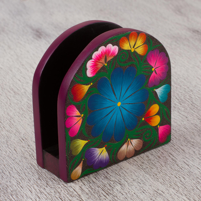 Wood napkin holder, 'Flowering Tradition' - Hand-Painted Copal Wood Napkin Holder from Mexico