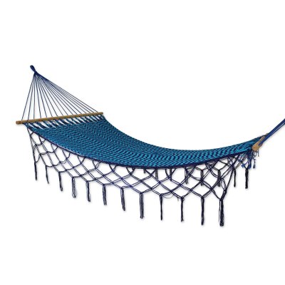 Hammock, 'Sea and Sky' (single) - Single Blue and Turquoise Hand Woven Hammock from Mexico