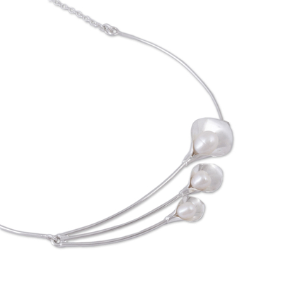 Cultured pearl pendant necklace, 'Purity and Elegance' - Cultured Pearl Floral Pendant Necklace from Mexico