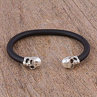 Sterling silver cuff bracelet, 'Skull Buddies' - Sterling Silver Skull Cuff Bracelet from Mexico