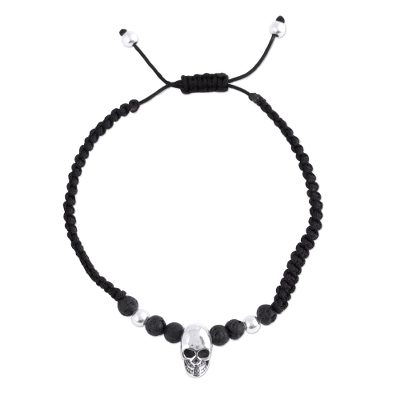 Men's sterling silver pendant bracelet, 'Skull in the Dark' - Men's Sterling Silver Skull Pendant Bracelet from Mexico