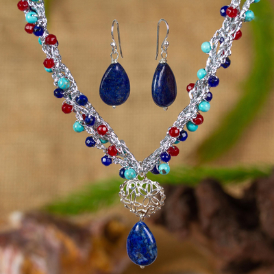 Multi-gem Jewellery set, 'Colorful Exuberance' - Multi Gem Beaded Necklace and Earring Set from Mexico