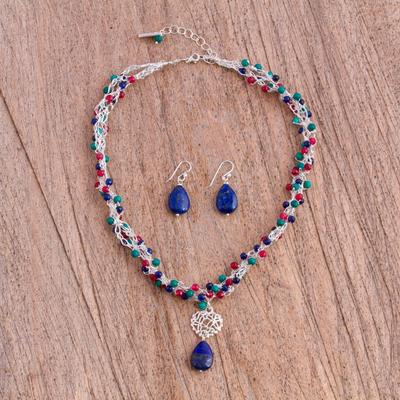 Multi-gem Jewellery set, 'Colorful Exuberance' - Multi Gem Beaded Necklace and Earring Set from Mexico