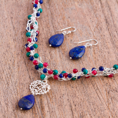 Multi-gem jewelry set, 'Colorful Exuberance' - Multi Gem Beaded Necklace and Earring Set from Mexico