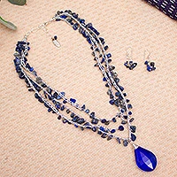 Lapis lazuli and crystal Jewellery set, 'Ocean Meditation' - Lapis Lazuli and Crystal Beaded Necklace and Earring Set