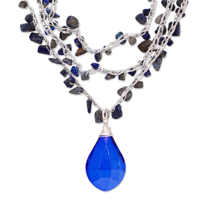 Lapis lazuli and crystal jewelry set, 'Ocean Meditation' - Lapis Lazuli and Crystal Beaded Necklace and Earring Set