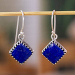 Lapis lazuli dangle earrings, 'Blue Crowns' - Square Lapis Lazuli Dangle Earrings from Mexico