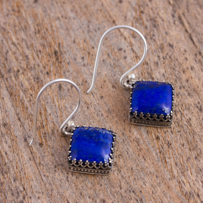 Lapis lazuli dangle earrings, 'Blue Crowns' - Square Lapis Lazuli Dangle Earrings from Mexico