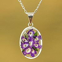 Natural flower pendant necklace, 'Enduring Flowers' - Purple Natural Flower Pendant Necklace from Mexico