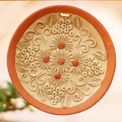 Ceramic wall art, 'Nature of My Village' - Handmade Circular Floral Ceramic Wall Art from Mexico