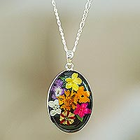 Natural flower pendant necklace, 'Colorful Bouquet' - Oval Natural Flower Pendant Necklace from Mexico
