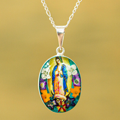 Natural flower pendant necklace, 'Floral Guadalupe' - Religious Natural Flower Pendant Necklace from Mexico