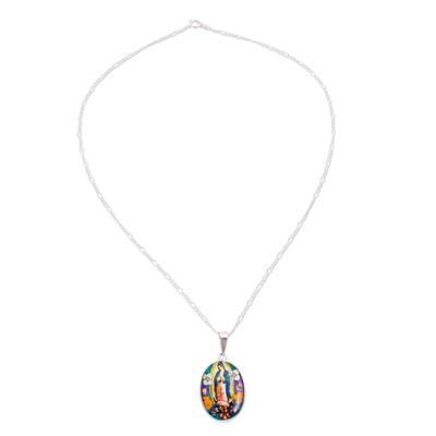 Natural flower pendant necklace, 'Floral Guadalupe' - Religious Natural Flower Pendant Necklace from Mexico