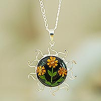 Natural flower pendant necklace, 'Sunny Sunflowers' - Natural Flower Sunflower Pendant Necklace from Mexico