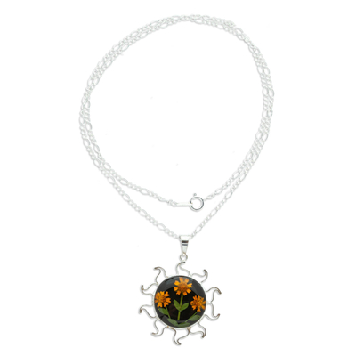 Halskette mit natürlichem Blumenanhänger - Natürliche Blumen-Sonnenblumen-Anhänger-Halskette aus Mexiko