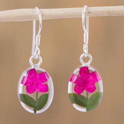 Natural flower dangle earrings, 'Freshness of Nature' - Pink Natural Flower Dangle Earrings from Mexico