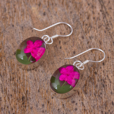 Natural flower dangle earrings, 'Freshness of Nature' - Pink Natural Flower Dangle Earrings from Mexico