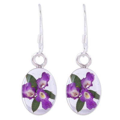 Ohrringe mit natürlichen Blumen, 'Enduring Flowers', 'Enduring Flowers - Violette Ohrringe mit natürlichen Blumen aus Mexiko