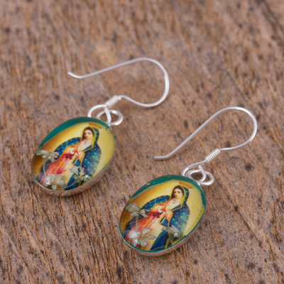 Natural flower dangle earrings, 'Flowering Faith' - Religious Natural Flower Dangle Earrings from Mexico