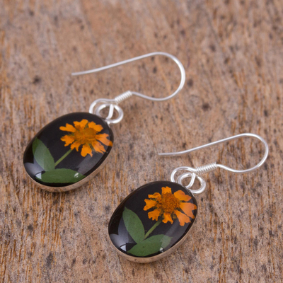 Natural flower dangle earrings, 'Sunny Sunflowers' - Natural Flower Sunflower Dangle Earrings from Mexico