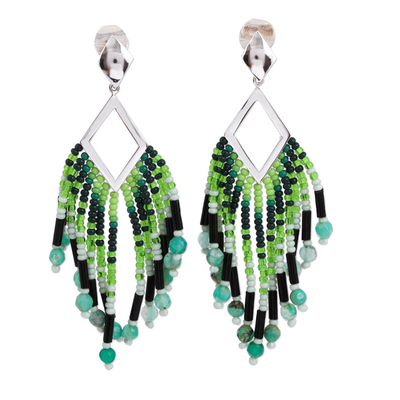 Glass Beaded Green Agate Waterfall Earrings from Mexico