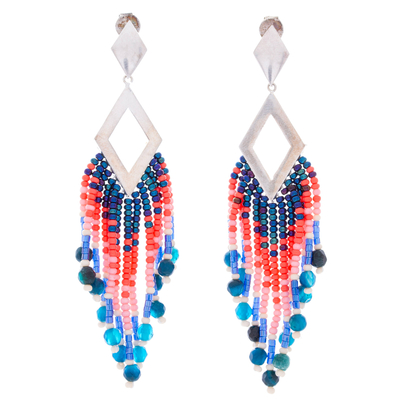 Glass Beaded Blue Agate Waterfall Earrings from Mexico