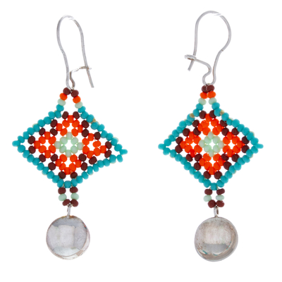 Sterling silver dangle earrings, 'Sunrise Diamonds' - Glass Beaded Sterling Silver Dangle Earrings from Mexico
