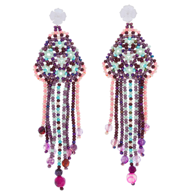 Agate and Glass Bead Waterfall Earrings from Mexico