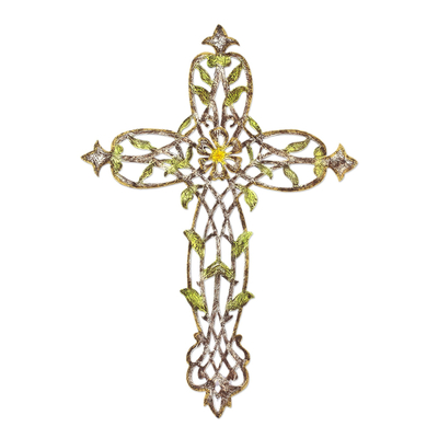 Steel wall cross, 'Cross of My Country' - Steel Wall Cross with Floral and Leaf Motifs from Mexico