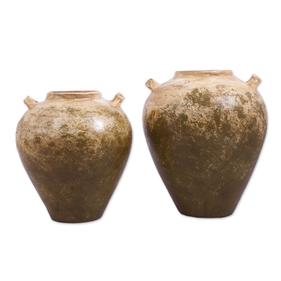 Ceramic vases, 'Born of the Earth' (pair) - Hacienda Terracotta Water Jar Style Pair of Decorative Vases