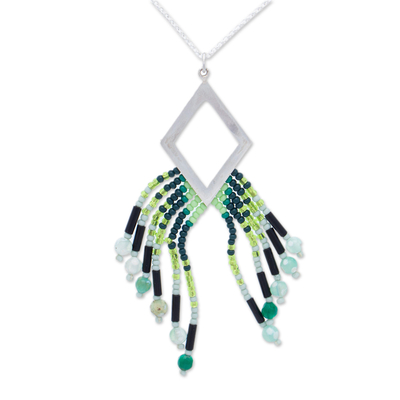 Agate pendant necklace, 'Green Diamond' - Handmade 925 Silver and Agate Necklace with Seed Beads