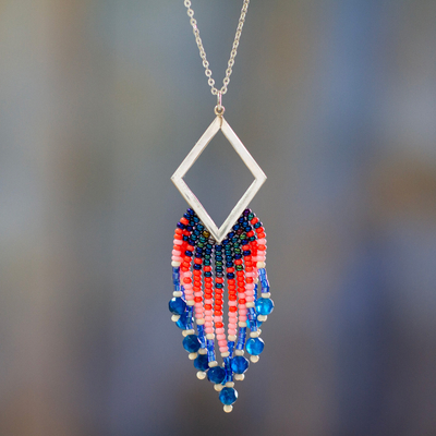 Agate pendant necklace, 'Azure Diamond' - Beaded Waterfall Necklace from Mexico