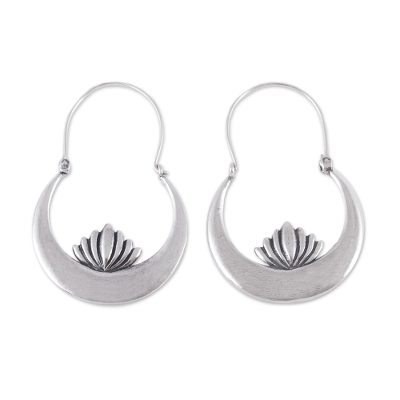 Sterling silver hoop earrings, 'Camecuaro Lotus' - Handcrafted Sterling Silver Lotus Flower Hoop Earrings