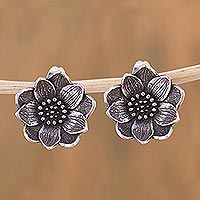 Sterling silver button earrings, 'Spiritual Blossom'