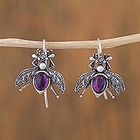 Amethyst and cultured pearl drop earrings, 'Makech'