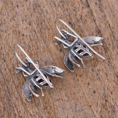 Amethyst and cultured pearl drop earrings, 'Makech' - Amethyst and Cultured Pearl Sterling Silver Beetle Earrings