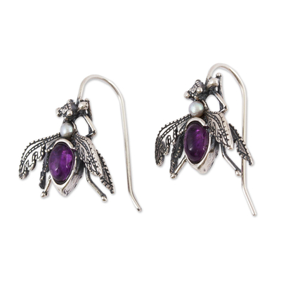 Amethyst and cultured pearl drop earrings, 'Makech' - Amethyst and Cultured Pearl Sterling Silver Beetle Earrings