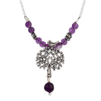 Amethyst pendant necklace, 'Avian Arbor' - Artisan Crafted Mexican Silver and Amethyst Necklace