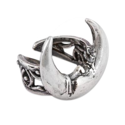 Sterling silver wrap ring, 'Ixchel Goddess' - Moon-Shaped Sterling Silver Wrap Ring from Mexico