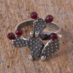 Garnet cocktail ring, 'Prickly Pear Fruit' - Garnet Prickly Pear Cactus Sterling Silver Cocktail Ring