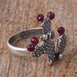 Garnet cocktail ring, 'Prickly Pear Fruit' - Garnet Prickly Pear Cactus Sterling Silver Cocktail Ring