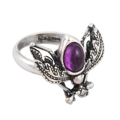 Amethyst and cultured pearl wrap ring, 'Makech' - Amethyst and Cultured Pearl Sterling Silver Beetle Ring