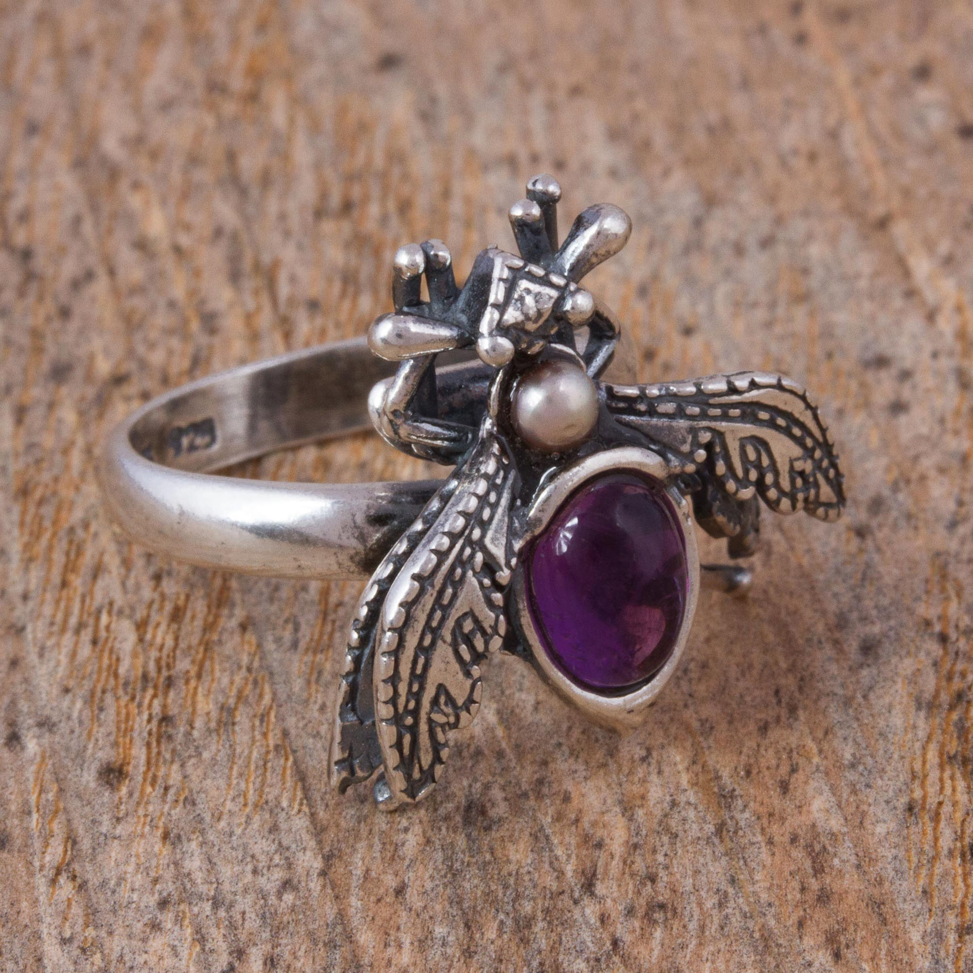 Amethyst and Cultured Pearl Sterling Silver Beetle Ring - Makech | NOVICA